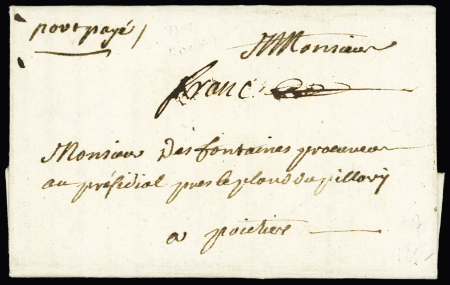 SAONE ET LOIRE : Lettre de Bonnay (1747) avec marques manuscrites "Port payé" et "Franc", au verso taxe manuscrite 3. Rare et TB