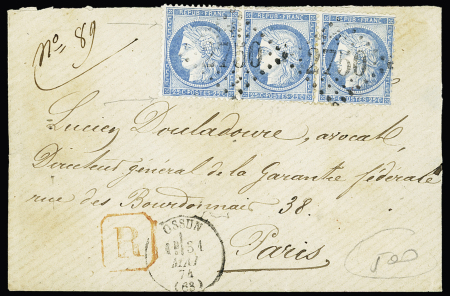 HAUTES PYRENEES : n°60 en bande de 3 OBL GC 2750 + T16 "Ossun (63)" (1874) sur lettre recommandée. TB