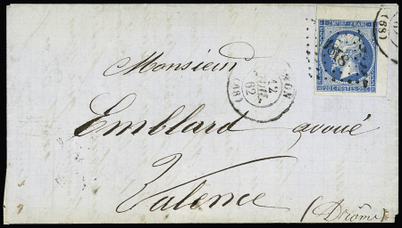 RHONE : n°14, coin de feuille, OBL PC 1818 + T15 "Lyon (68)" (1862) sur lettre. TB