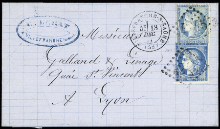 RHONE : N°60, 2 pièces, 2 nuances, OBL GC 4245 + T17 "Villefranche-s-Saône" (1871).TB