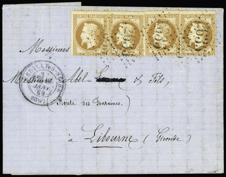 SEINE : n°28, 4 pièces OBL GC 2635 + T17 Neuilly-s-Seine (60)" (1869) sur lettre pour Libourne. TB