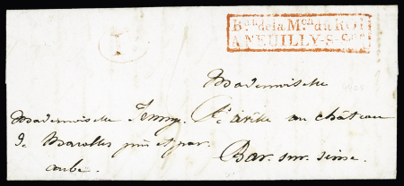 SEINE : Lettre adressée à Bar sur Seine avec marque encadrée rouge "Bau de la Mon du Roi à Neuilly-s-Sne" (1837). Rare et TB