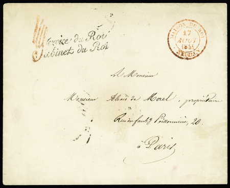 Lettre avec CAD rouge "Maison du Roi Neuilly" (1844) + franchise noire "Service du Roi - Cabinet du Roi". Rare et TB
