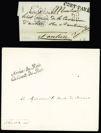 SEINE : 2 lettres de Neuilly avec cursive noire "Service du Roi Cabinet du Roi" (1834) et une avec en plus MP brun-rouge "Beau de la Poste de la Mon du Roi" + "60 PP" (1832). TB