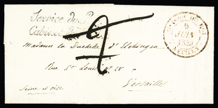 SEINE : lettre avec grand CAD rouge "Maison du Roi Neuilly" (1840) + franchise noire "Service du Roi Cabinet du Roi" + taxe 2 manuscrite annulée. Rare et TB