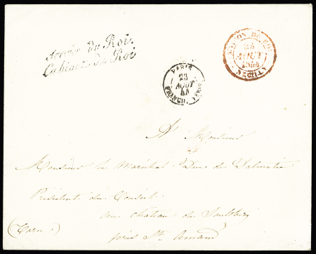 SEINE : Lettre avec grand CAD rouge "Maison du Roi Neuilly" (1844) + franchise noire "Service du Roi Cabinet du Roi" + CAD noir "Paris Franch. Vérif". Rare et TB