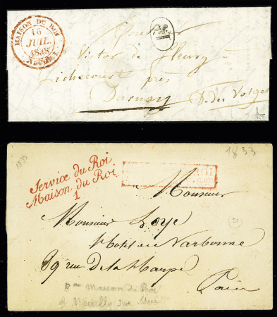 SEINE : 2 lettres : l'une avec franchise rouge "Service du Roi Maison du Roi 1" (Neuilly), l'autre avec grand CAD rouge "Maison du Roi Neuilly" (1838). Bel ensemble