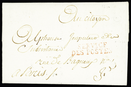 SEINE (Paris) : lettre à en-tête "Postes aux lettres" (An 8) avec MP rouge "Service des Postes" (Pothion n°3502). Rare et TB