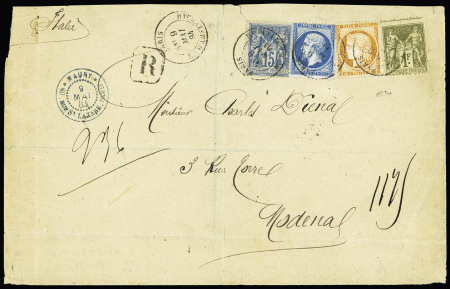 SEINE (Paris) : n°22 + 38 + 90 + 82 OBL CAD "Paris R. d'Amsterdam" (1884) sur lettre pour Charles Diena à Modène (Italie) et cachet privé bleu "Maury 80 rue St Lazare, Paris". TB