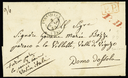 SEINE ET OISE : Lettre avec CAD T15 "Versailles (72) (1842) + "PP" encadré rouge pour Domodossola (Italie). TB