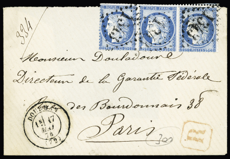 SEINE ET OISE : n°60, bande de 3, OBL GC 1343 + T17 "Dourdan (72)" (1874) sur lettre recommandée (verso partiel). TB