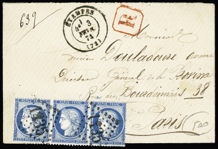 SEINE ET OISE : n°60, bande de 3, OBL GC 1435 + T17 "Etampes (72)" (1874) sur lettre recommandée (verso partiel). TB