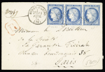 SEINE ET MARNE : n°60, bande de 3 OBL GC 4263 + T16 "Moret-s-Loing (73)" (1874) sur lettre recommandée. TB
