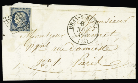 SEINE ET MARNE : n°4, touché en haut, OBL grille + grand CAD T13 "Bray-s-Seine (73)" (1851) sur lettre, ind 15. TB