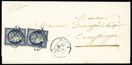 SEINE ET MARNE : n°4, 2 pièces, OBL grille + T15 "Meaux (73)" (1850) sur lettre pour Compiègne. TB
