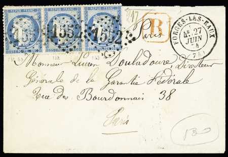 SEINE INFERIEURE : n°60, bande de 3, OBL GC 1552 + T17 "Forges les Eaux (74)" (1874) sur lettre recommandée. TB