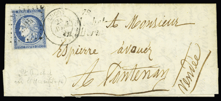 VENDEE : n°4 OBL PC 3215 + TAD "Luçon (79)" (1852) + cursive "79 St Michel en l'Herm" sur lettre. B