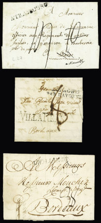 3 lettres : MP "Strasbourg" (L 27 - 1789), MP "D'Hollande" sur lettre de Rotterdam pour Bordeaux (1770) et MP "Villa Real" + "Espagne par Bayonne" pour Bordeaux avec taxe manuscrite 8. TB