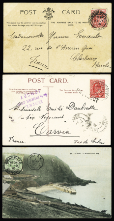 3 cartes postales de GB et Jersey dont GB n°107 OBL CAD "Granville Manche" (1910) + CAD octogonal d'entrée "Angl. BM Granville". TB