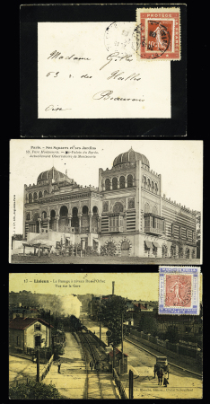 3 porte-timbres "Dieu protège la France" (rouge), "Guerre à l'alcool" (rouge) et Manchon Hella (bleu) sur lettre ou CP 1907-1909. TB
