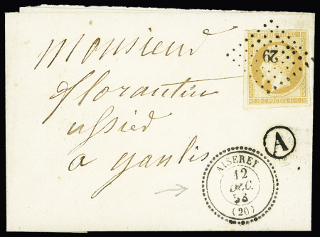 20 Côte d'Or : n°13 OBL PC 29 + T22 "Aiserey (20)" (1858) + boite rurale "A" sur lettre, ind 10 +. Jolie pièce
