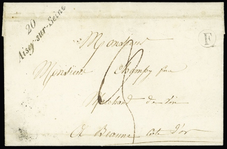 Lettre avec cursive "20 Aisey sur Seine" + boite rurale "F" (1847), ind 16+. TB