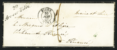 Lettre avec cursive "20 Arc-s-Tille" + T15 "Dijon (20)" (1847) + taxe 8 manuscrite sur env de deuil. Ind 17. TB