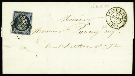 N°4, 25c bleu, OBL grille + T15 "Recey-s-Ource (20)" (1851). TB