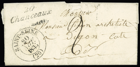 Lettre avec cursive "20 Chanceaux" + T13 "Saint-Seine (20)" (1835), ind 12. TB