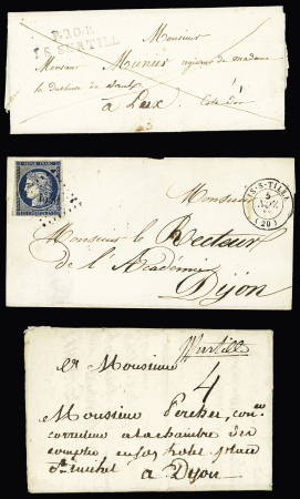 Is-sur-Tille - 3 lettres : marque manuscrite "Is sur Tille"(L n°1, 1769, ind 14), MP "P 20 P Is sur Till" (1830 - ind 15) et n°4 OBL PC 1540 + T15 "Is-s-Tille". TB