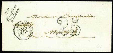 Lettre avec cursive "20 Moutiers St Jean" + T15 Semur en Auxois 20" (1852) - ind 16. TB