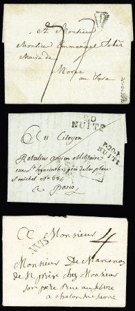 3 lettres : MP "Nuis" (L n°2 - ind 8) - "20 Nuits" et "P 20 P Nuits" sur la même lettre (1801) et MP "Deb 20 Nuits" (1808 - ind 17). TB lot