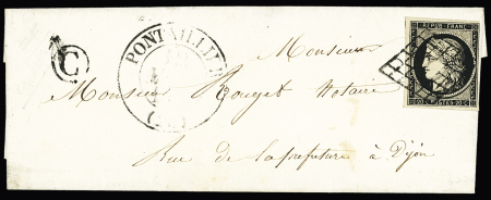 N°3, 20c noir, OBL grille + T13 "Pontallier (20)" (1850) + boite rurale "C" sur lettre. B/TB