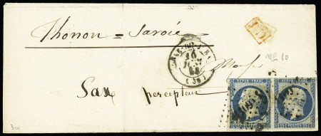N° 10 en paire (au filet en 1 point) OBL PC 1109 + T15 Dôle du Jura (38) (1853) sur lettre pour Thonon Savoie. TB. Maury 4'000 €