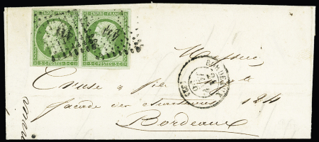 N° 12 5c vert-jaune, OBL PC 441 + T15 "Bordeaux (32)" Gironde (1856) sur lettre. TB. Cote 300 €