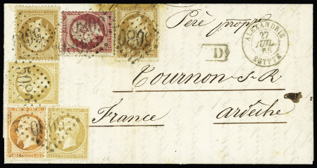 N° 21, 4 pièces + 23 + 24 OBL GC 5080 + T15 "Alexandrie Egypte" (1865) sur lettre pour Tournon (Ardèche), trace de papier collant, B/TB