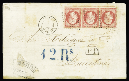 N° 24 80c rose, bande de 3 (coin arrondi), OBL ancre + CAD rond "Ligne J PAQ. Fr. n°2" (1867) sur lettre de Montevideo pour Barcelone avec "PP" encadré noir (Salles n°1063), taxe espagnole "12 RS" en bleu, rousseurs,