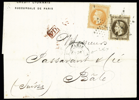 N° 30 + 31 OBL étoile 1 + CAD octogonal de levée exceptionnelle "Paris PL. de la Bourse - E2" (1869) sur lettre pour Bâle (Suisse). B/TB