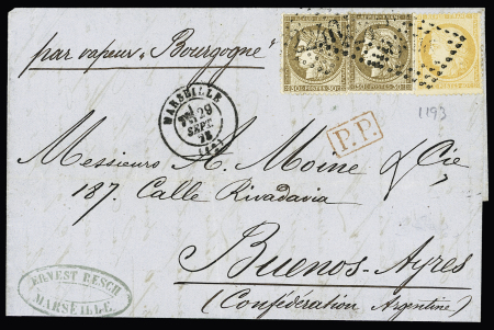 N° 38 + 56, 2 pièces, OBL GC 2240 + T17 Marseille (1873) sur lettre pour Buenos-Ayres avec "PP" rouge encadré. TB