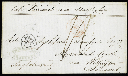 Lettre de Naples pour la Grande Bretagne avec CAD d'entrée rouge "D. Siciles Marseille" (1858) et marque d'échange "FR 3F 76c" (Salles n°3094) ind 13. TB