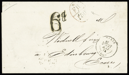 Lettre sans timbre de Paris 1874 pour Edimbourg avec CAD "Paris (60)" avec marque d'échange "FR 1F50" + taxe tampon 6D (Pothion n°3123). Ind 10. TB