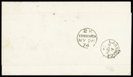 Lettre sans timbre de Paris 1874 pour Edimbourg avec CAD "Paris (60)" avec marque d'échange "FR 1F50" + taxe tampon 6D (Pothion n°3123). Ind 10. TB