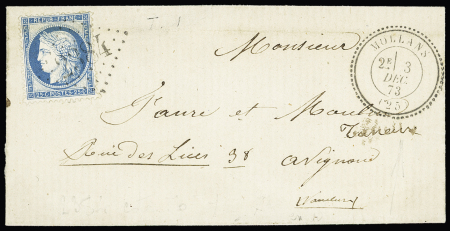 Drôme : n° 60 OBL GC 2384 + CAD perlé T24 Mollans (25)" (1873) sur lettre, ind 20. TB