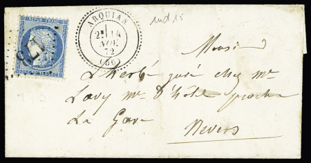 Nièvre : n° 60 (ld) OBL GC 173 + T24 "Arquian (56)" (1872) sur lettre, ind 15. TB