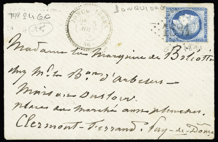 Vaucluse N° 60 (ld) OBL GC 1881 + 24 "Joncquières (86)" (1873) sur lettre, ind 15. TB