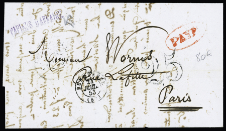 Lettre sans timbre avec T15 "Dunkerque (57)" (1853) + taxe 25 double-trait et griffe "Papiers d'affaire". TB
