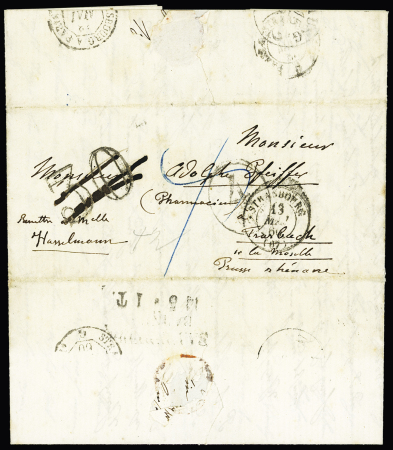 Lettre sans timbre avec CAD T15 "Strasbourg" (1860) + taxe 30 double-trait annulée pour Taarbach (Prusse rhénane) avec taxe allemande 4