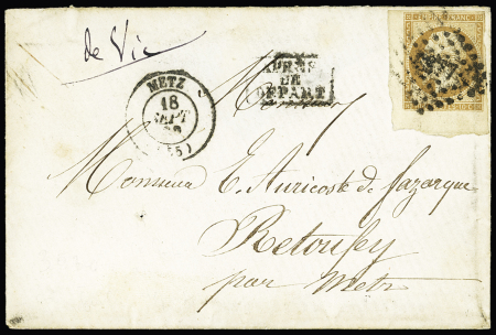 N°13 10c bistre, coin de feuille OBL PC 2336 + T15 Metz Moselle (1862). TB