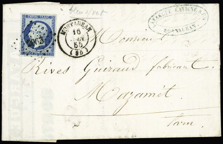 N°14 20c bleu sur vert, 4 marges équilibrées, OBL PC 2963 + T15 Montauban Tarn et Garonne (1855) sur lettre. TB