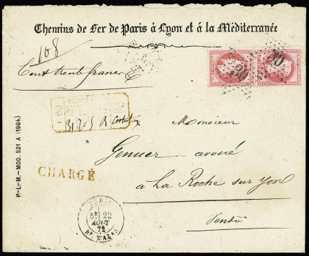 N°32, 80c rose en paire verticale OBL étoile 30 + CAD "Paris Bt Mazas" (1872) sur lettre chargée (VD 130F). TB